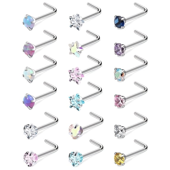 LAURITAMI 24Pcs 20G silver Nose Piercing Jewelry L Shaped Stainless Steel