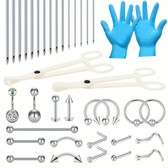 LAURITAMI 26Pcs Piercing Kit Stainless Steel 14/16/20G Lip Nose Tongue Tragus Cartilage Piercing Jewelry