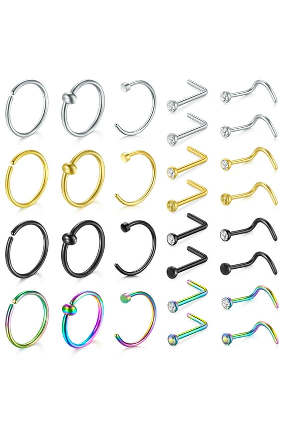 28Pcs 22G Nose Rings For Women Nose Rings Hoops Nose Studs Screw Nose Piercings Jewelry