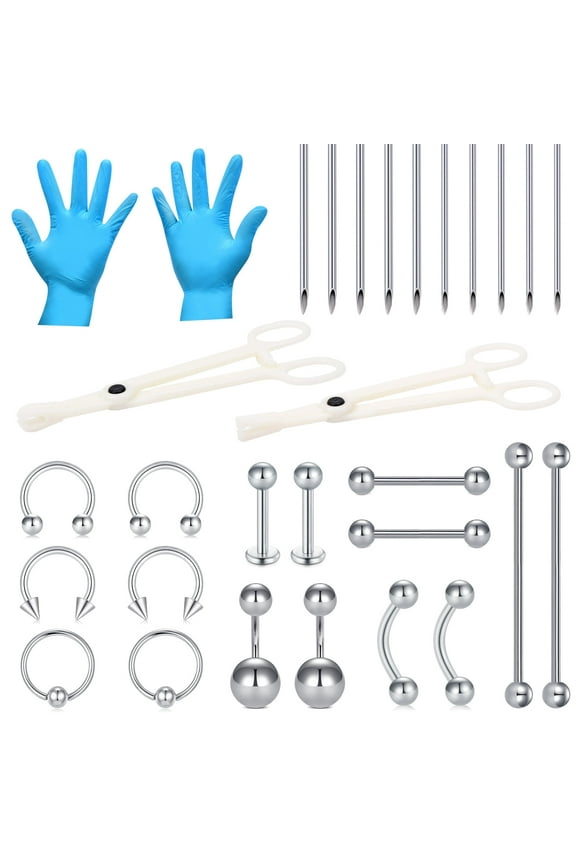 30Pcs Piercing Kit Stainless Steel 14/16G Lip Nose Tongue Tragus Cartilagepiercing Jewelry
