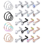 LAURITAMI 32Pcs 20G Nose Rings Surgical Steel Nose Rings Hoops Studs Diamond Piercing Jewelry Multicolor