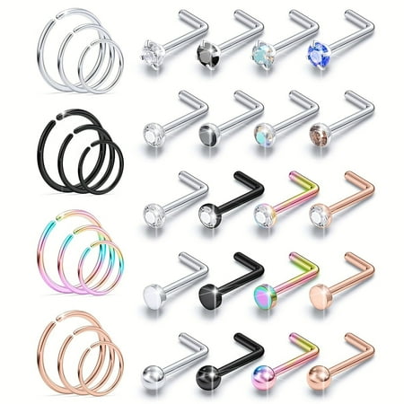 LAURITAMI 32Pcs 20G Nose Rings Surgical Steel Nose Rings Hoops Studs Diamond Piercing Jewelry Multicolor