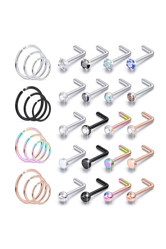 32Pcs 20G Nose Rings Surgical Steel Nose Rings Hoops Studs Diamond Piercing Jewelry Multicolor