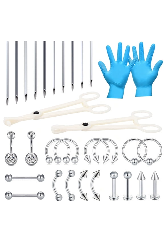 32Pcs Body Piercing Kit 14/16G Tools For Nose Tongue Lip Ear Eyebrow Piercing Clamps