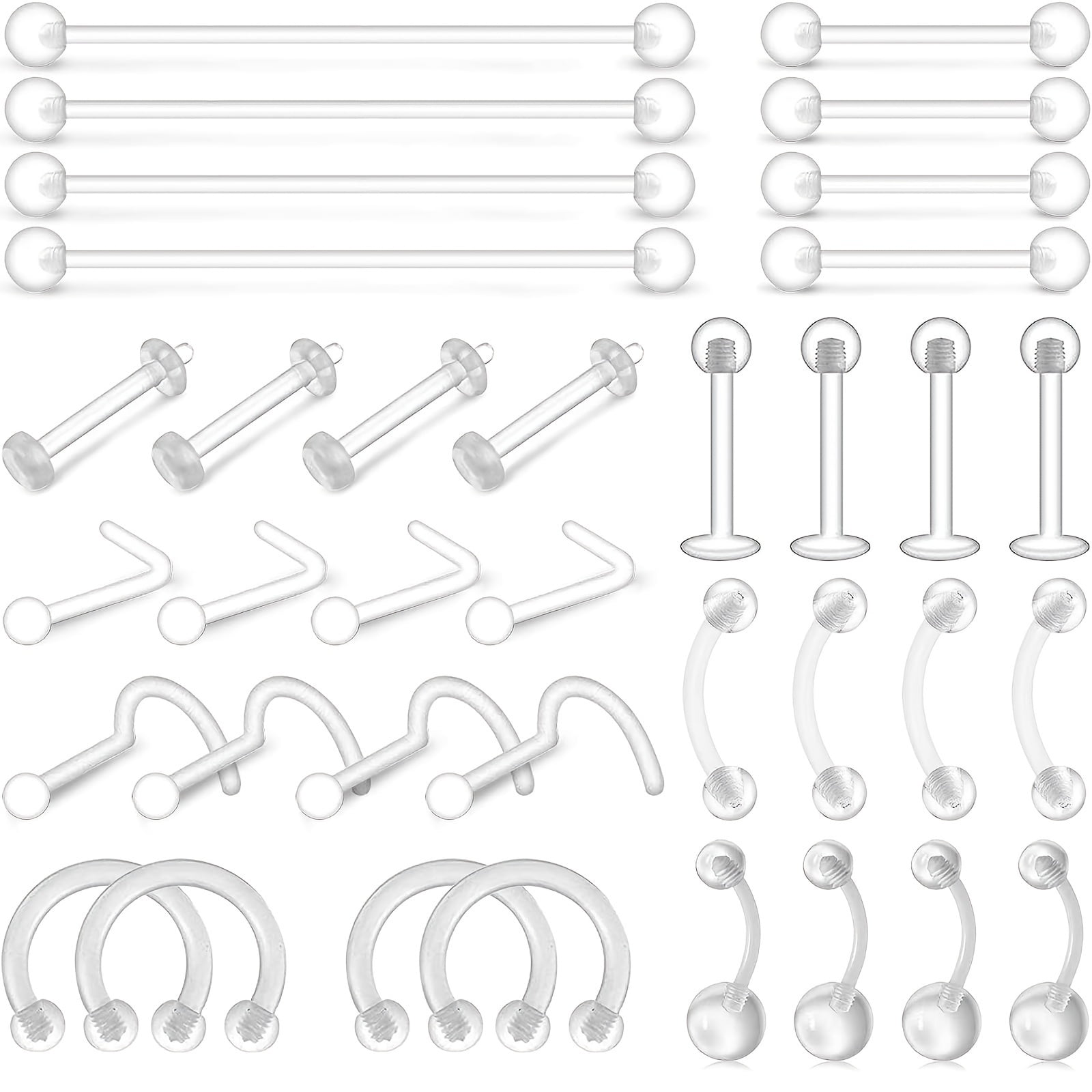 LAURITAMI 36Pcs Clear Piercing Retainers for Women Men Surgery Bioflex Nose Rings Belly Rings