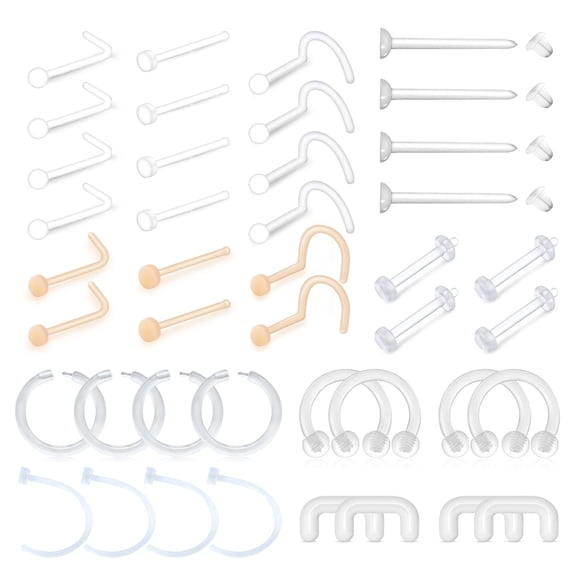 LAURITAMI 42Pcs Mix Style Clear Skin Piercing Retainer Flexible Lip Ear Nose Septum Eyebrow Piercing Jewelry