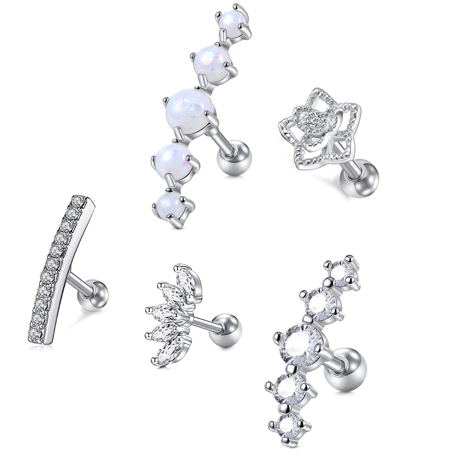 LAURITAMI 5Pcs 16G Cartilage Stud Earring For Women Stainless Steel Screw Flat Back Earrings