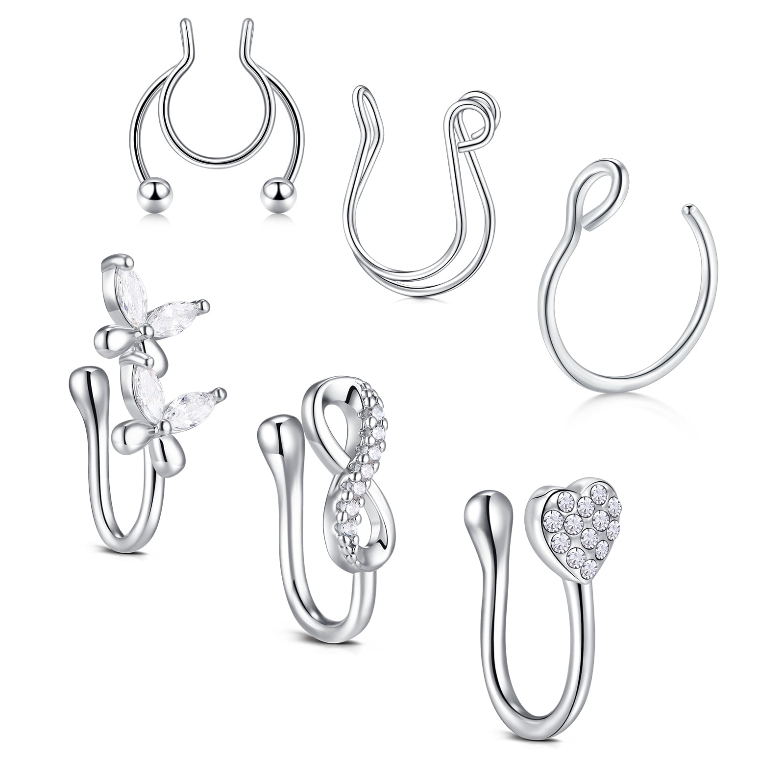 LAURITAMI 6Pcs Silver Gold Fake Nose Ring For Women Dangling Nose Cuffs