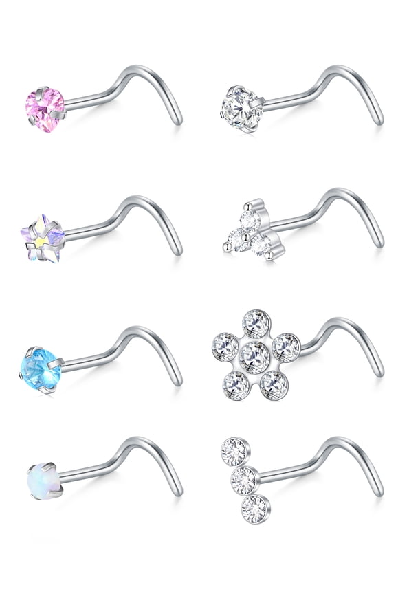 8Pcs 18G Nose Rings Surgical Steel Nose Rings Studs Nose Screw Cz Labret