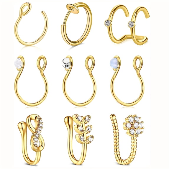 LAURITAMI 9Pcs Fake Nose Rings Hoop For Women Dangling Nose Cuffs Clip On Nose Ring Faux Nose Ring Nose Cuff Non Piercing Jewelry Set