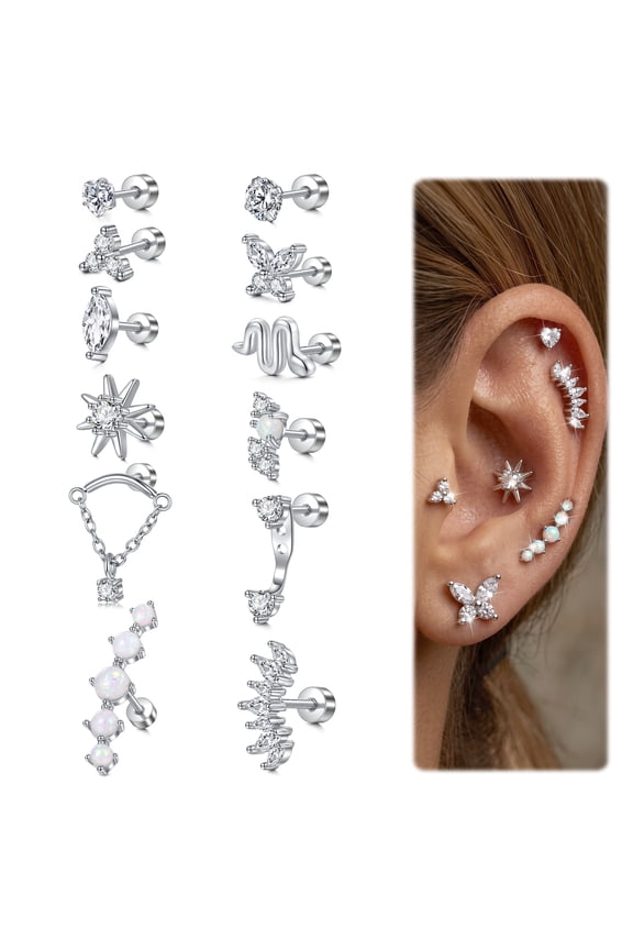 LAURITAMI Hypoallergenic Flat Back Earrings 20G Cartilage Earring Stacks Surgical Stainless Steel Earrings For Sensitive Ears Women Helix Conch Tragus Piercing Jewelry Flatback Stud Earring Set