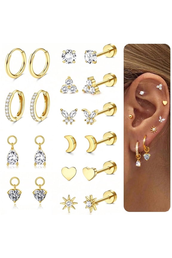 LAURITAMI Hypoallergenic Flat Back Earrings for Women, 14K Gold Plated Hoop Stud Earrings Set for Sensitive Ears Helix Tragus Cartilage Conch Earring for Multiple Piercings with Pendant