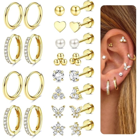 LAURITAMI Hypoallergenic Gold Stud Hoop Earrings for Women Men Surgical Stainless Steel Flat Back Earrings Small Gold Huggie Hoops Cartilage Earring Set for Multiple Piercing Jewelry Gifts for Women