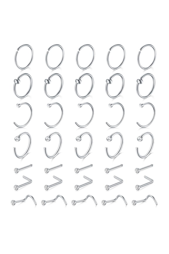 L Shape Screw Hoop Silver Stainless Steel Nose Rings, 32-Piece