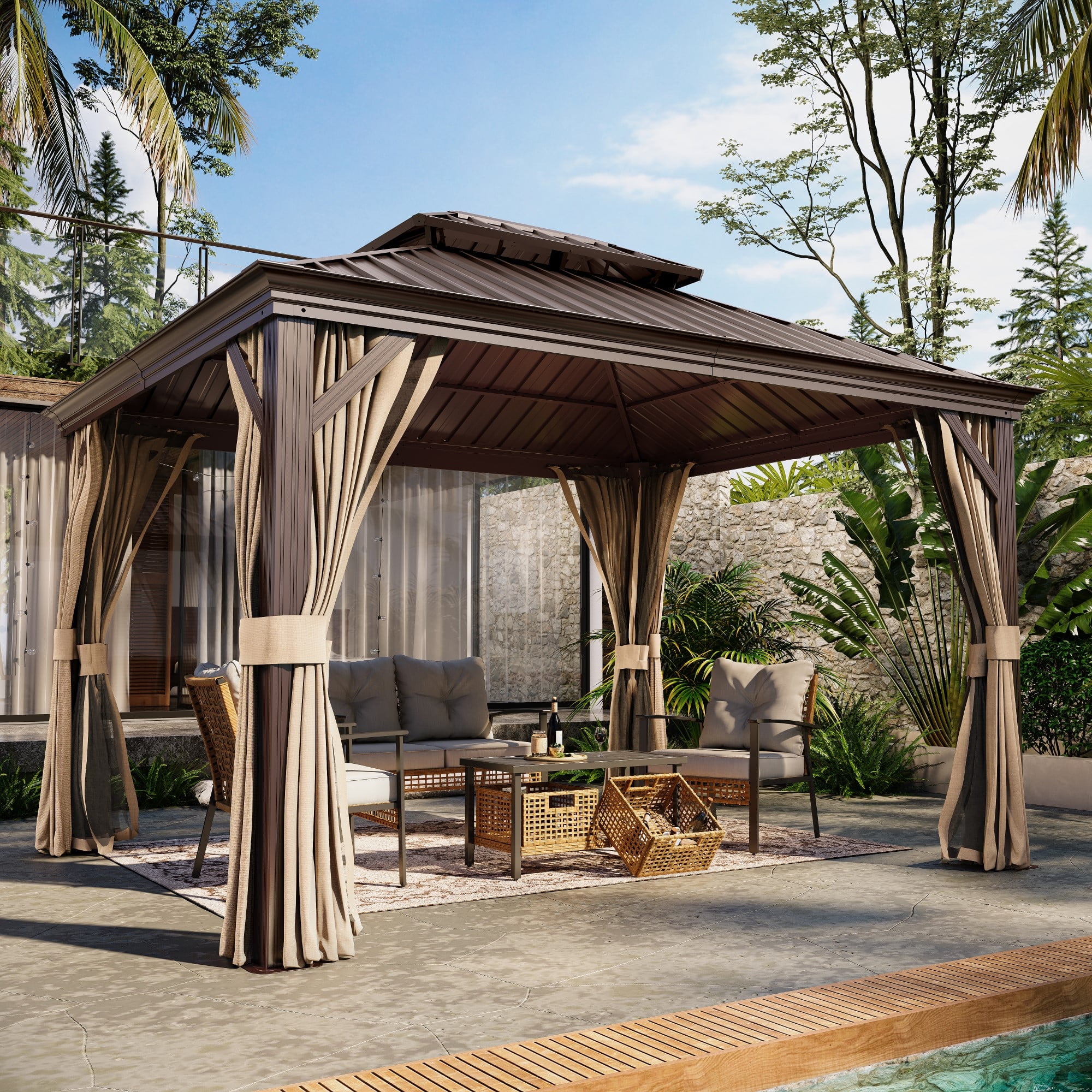LAUSAINT HOME 10' x 12' Hardtop Patio Gazebo, 2-Tier Permanent Aluminum Hardtop with Mosquito Netting and Privacy Curtain, Brown