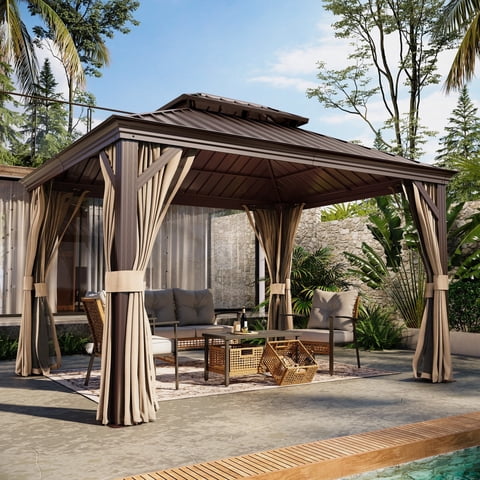 LAUSAINT HOME 10' x 12' Hardtop Patio Gazebo, 2-Tier Permanent Aluminum Hardtop with Mosquito Netting and Privacy Curtain, Brown