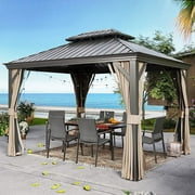 LAUSAINT HOME 10' x 12' Hardtop Patio Gazebo, 2-Tier Permanent Aluminum Hardtop with Mosquito Net and Privacy Curtain