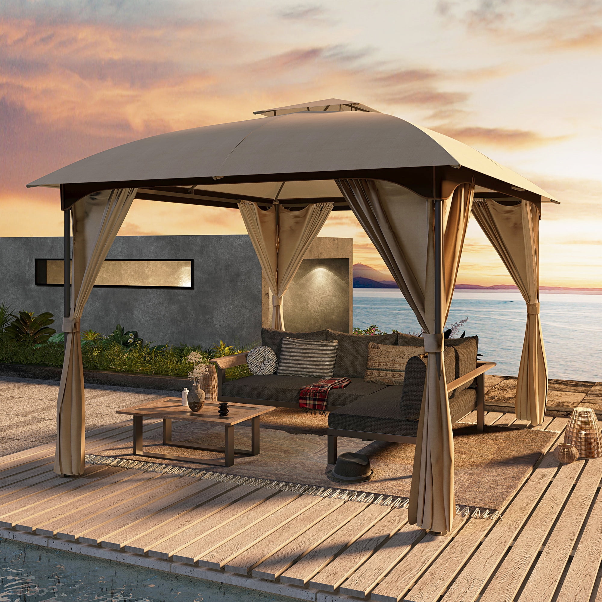 10x10 Gray Steel Patio Gazebo with Privacy Curtains
