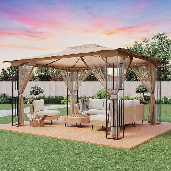 Lausaint Home Patio Gazebo 11 ft x 13 ft, Gray heavy duty shelter with double roofs and mosquito nettings