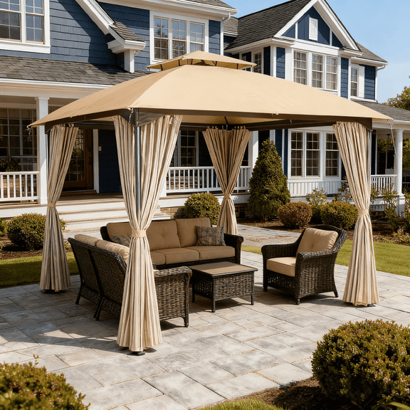 LAUSAINT HOME 10'x10' Patio Gazebo with Privacy Screens & Anchoring Kit, Outdoor Double Roof Metal Frame Gazebo in Khaki