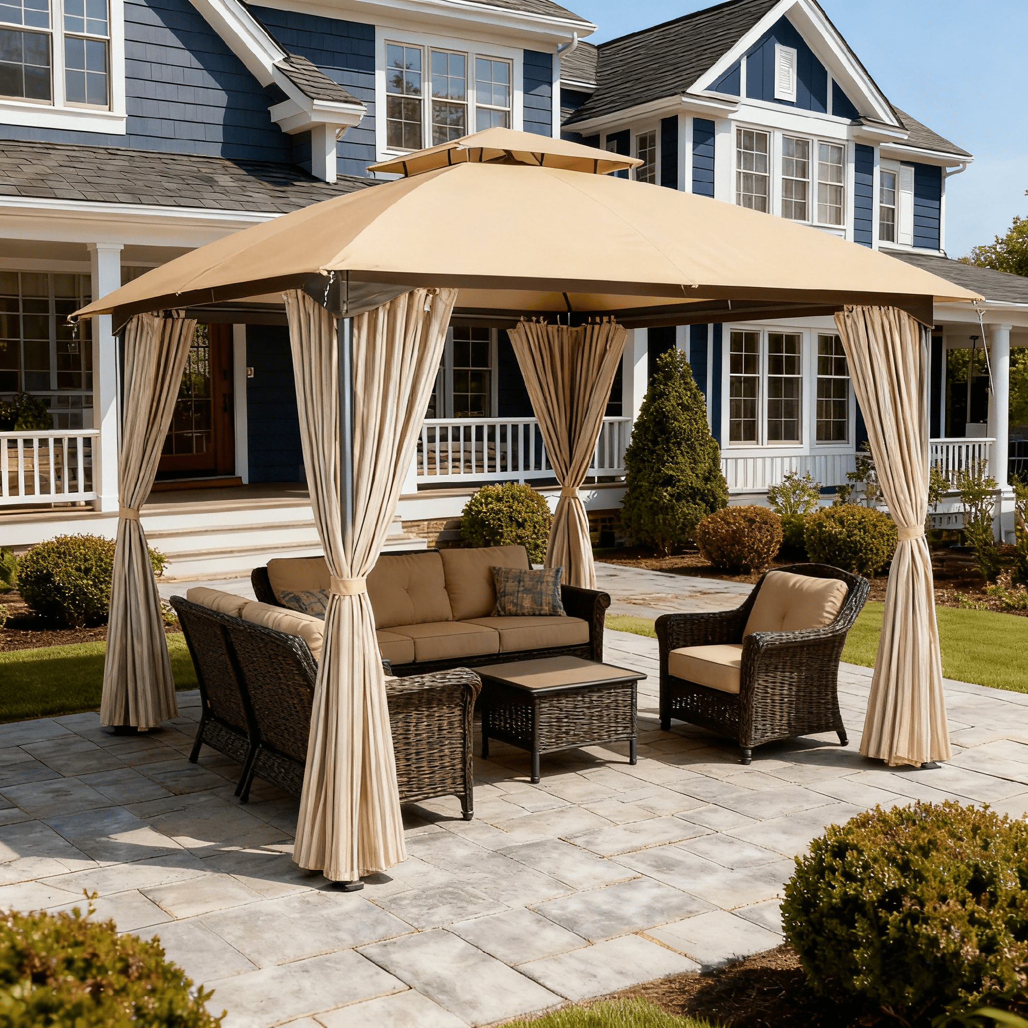 LAUSAINT HOME 10'x10' Patio Gazebo with Privacy Screens & Anchoring Kit, Outdoor Double Roof Metal Frame Gazebo in Khaki