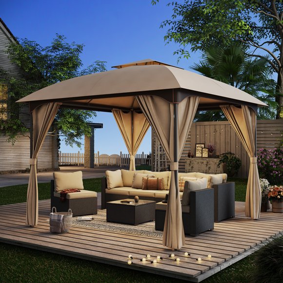 LAUSAINT HOME 10'x10' Outdoor Gazebo, Unique Arc Roof Design and Privacy Curtains Included, Khaki