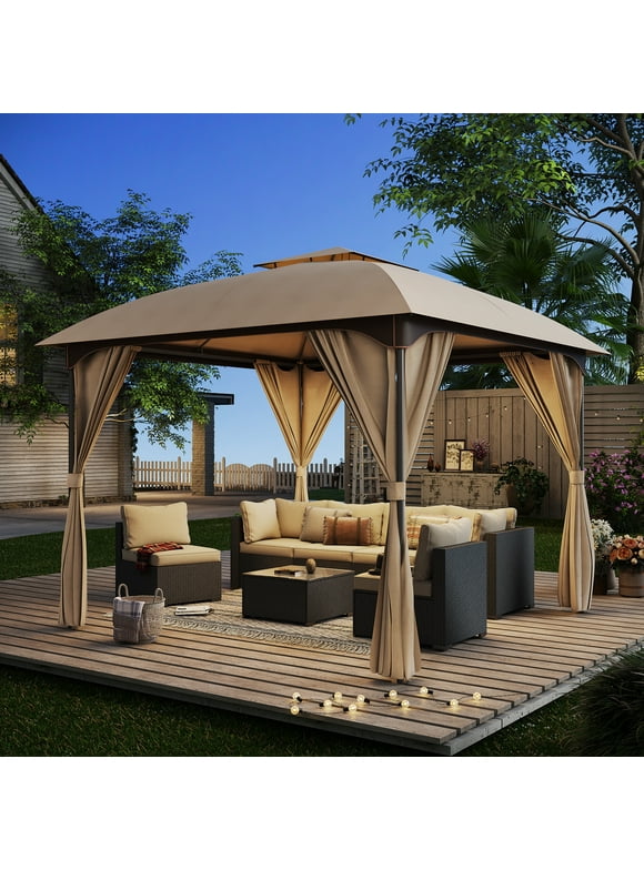 LAUSAINT HOME 10'x10' Outdoor Gazebo, Unique Arc Roof Design and Privacy Curtains Included, Khaki