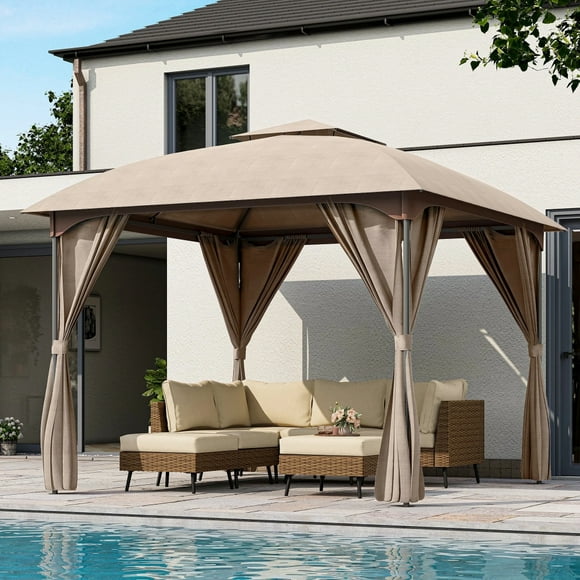 LAUSAINT HOME 10'x10' Patio Gazebo with Privacy Screens & Anchoring Kit, Outdoor Double Roof Metal Frame Gazebo in Khaki