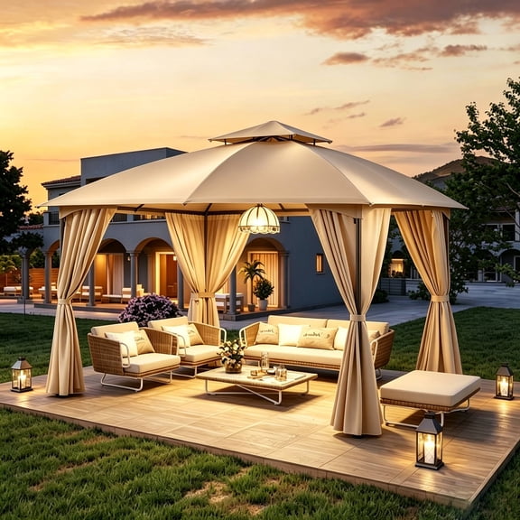 LAUSAINT HOME 10'x10' Screened in Gazebo, Double Roof Heavy Duty Metal Patio Gazebo with Privacy Curtains and Anchoring Kit for Backyard, Lawn & Poolside, Khaki