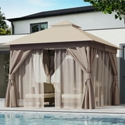 LAUSAINT HOME 10'x10' Patio Gazebo, Double Roof Outdoor Shelter Tent with Mosquito Nettings and Privacy Screens, Khaki
