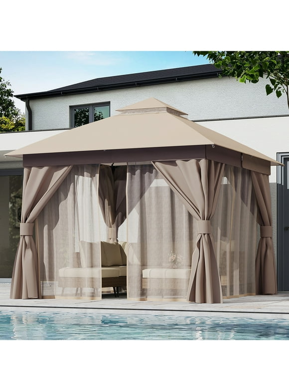 LAUSAINT HOME 10'x10' Patio Gazebo, Double Roof Outdoor Shelter Tent with Mosquito Nettings and Privacy Screens, Khaki