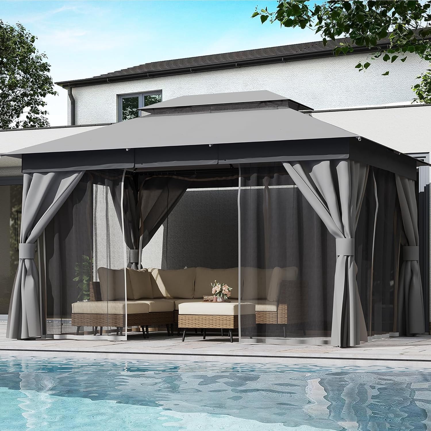 LAUSAINT HOME 10'x13' Outdoor Patio Gazebo, Double Roof Metal Frame with Mosquito Nettings, Privacy Screens and Anchoring Kit, Gray