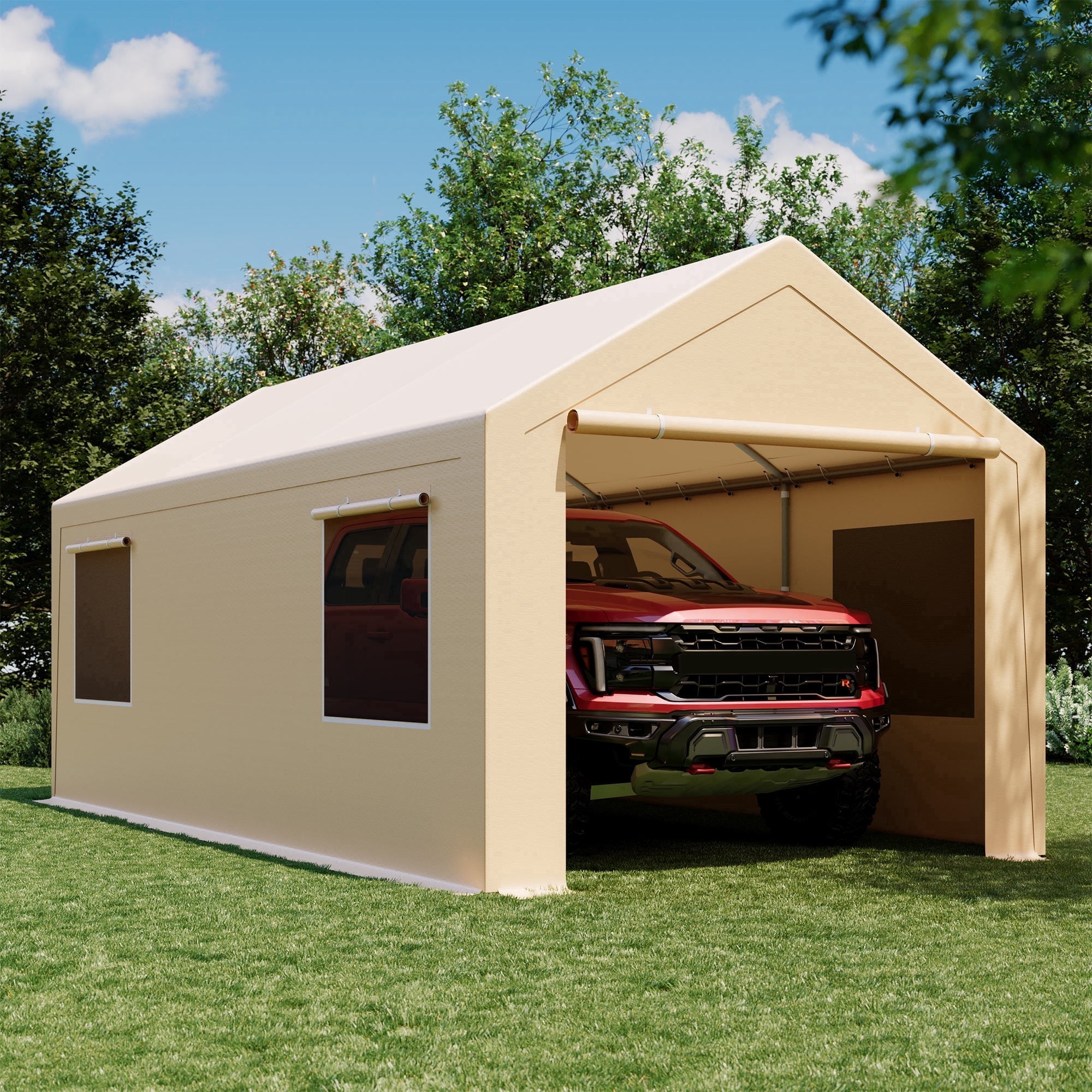 LAUSAINT HOME 10'x20' Carport, Heavy Duty Car Canopy with Roll-up Windows, Khaki