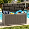 thumbnail image 1 of LAUSAINT HOME 100 Gallon Resin Deck Box, Package Delivery Box with Lockable Lid, Waterproof Outdoor Storage Box For Garden Tools, Patio Cushions, Brown, 1 of 7