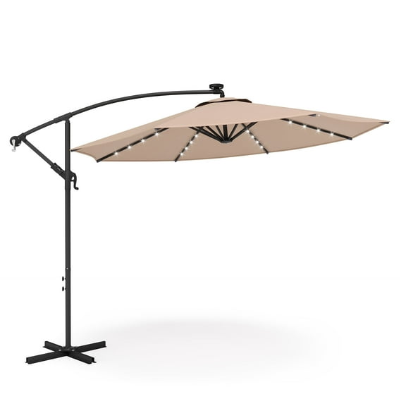 LAUSAINT HOME 10 ft Cantilever Patio Umbrella, Round Outdoor Beige Umbrella with LED Lights