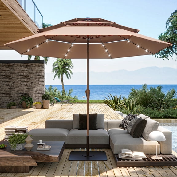 LAUSAINT HOME 10ft Solar LED Patio Umbrella , 3-tier Outdoor Umbrellas for Patio Pool Deck Market, Beige