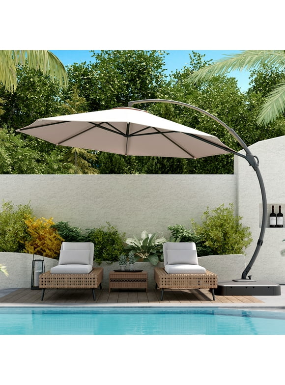 LAUSAINT HOME 11FT Deluxe Patio Umbrella with Base, Large Cantilever Curvy Umbrella with 360° Rotation, Champagne