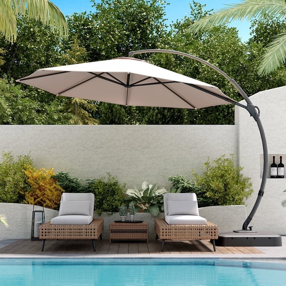 LAUSAINT HOME 11FT Patio Umbrella with Base, Outdoor Deluxe Curvy Cantilever Umbrella for Patio Pool Deck, Champagne