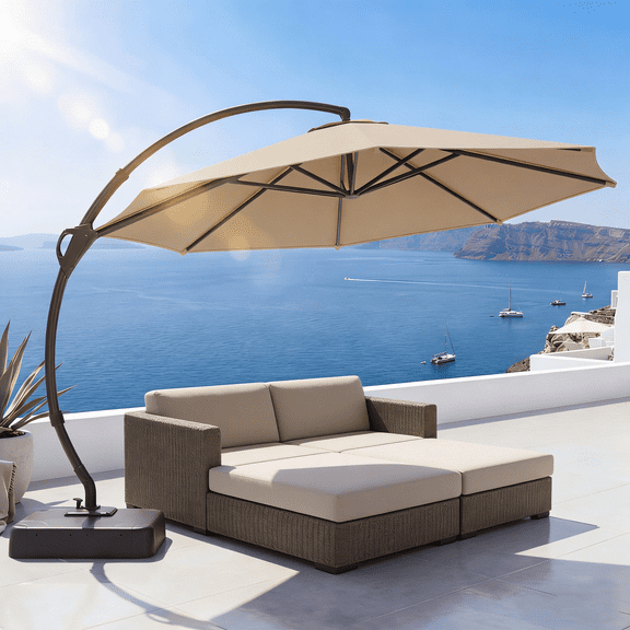 LAUSAINT HOME 11 FT Outdoor Patio Umbrella with Base, Aluminum Cantilever Umbrella with Crank, Champagne