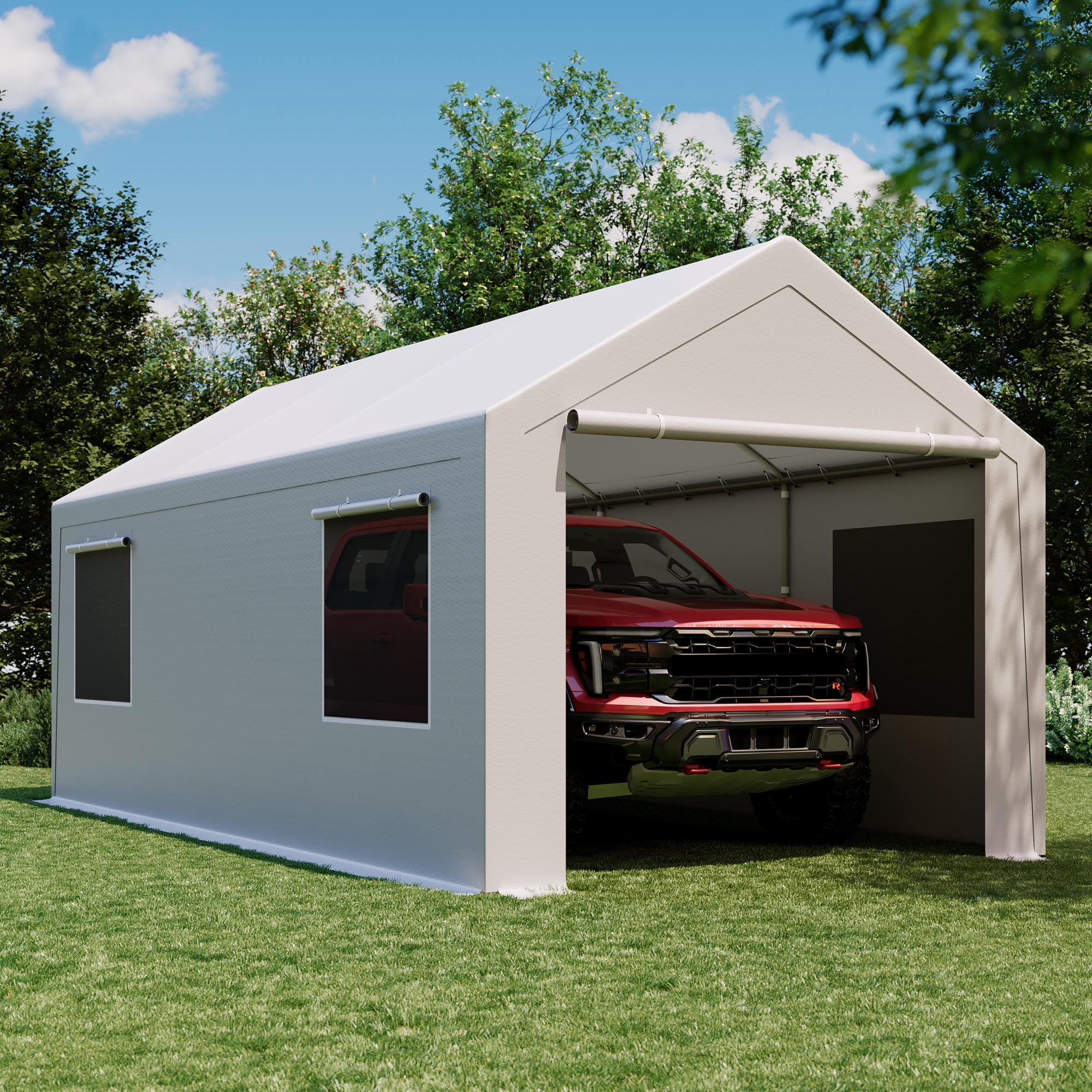 LAUSAINT HOME 12'x20' Carport, Heavy Duty Car Canopy with Roll-up Windows, Garage Storage Tent Shelter with Removable Sidewalls & Doors, for Boat, Car, Truck, Gray