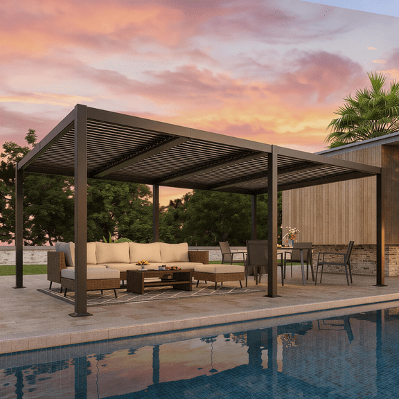 LAUSAINT HOME 12'x20' Louvered Pergola, Outdoor Heavy Duty Pergola with Adjustable Roof & Integrated Drainage System for Patio Backyard Poolside