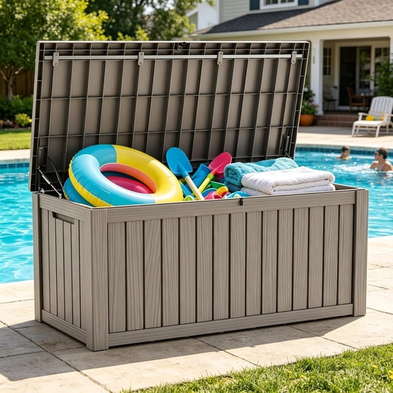 LAUSAINT HOME 120 Gallon Resin Deck Box, Package Delivery Box with Lockable Lid, Waterproof Outdoor Storage Box For Garden Tools, Patio Cushions, Brown