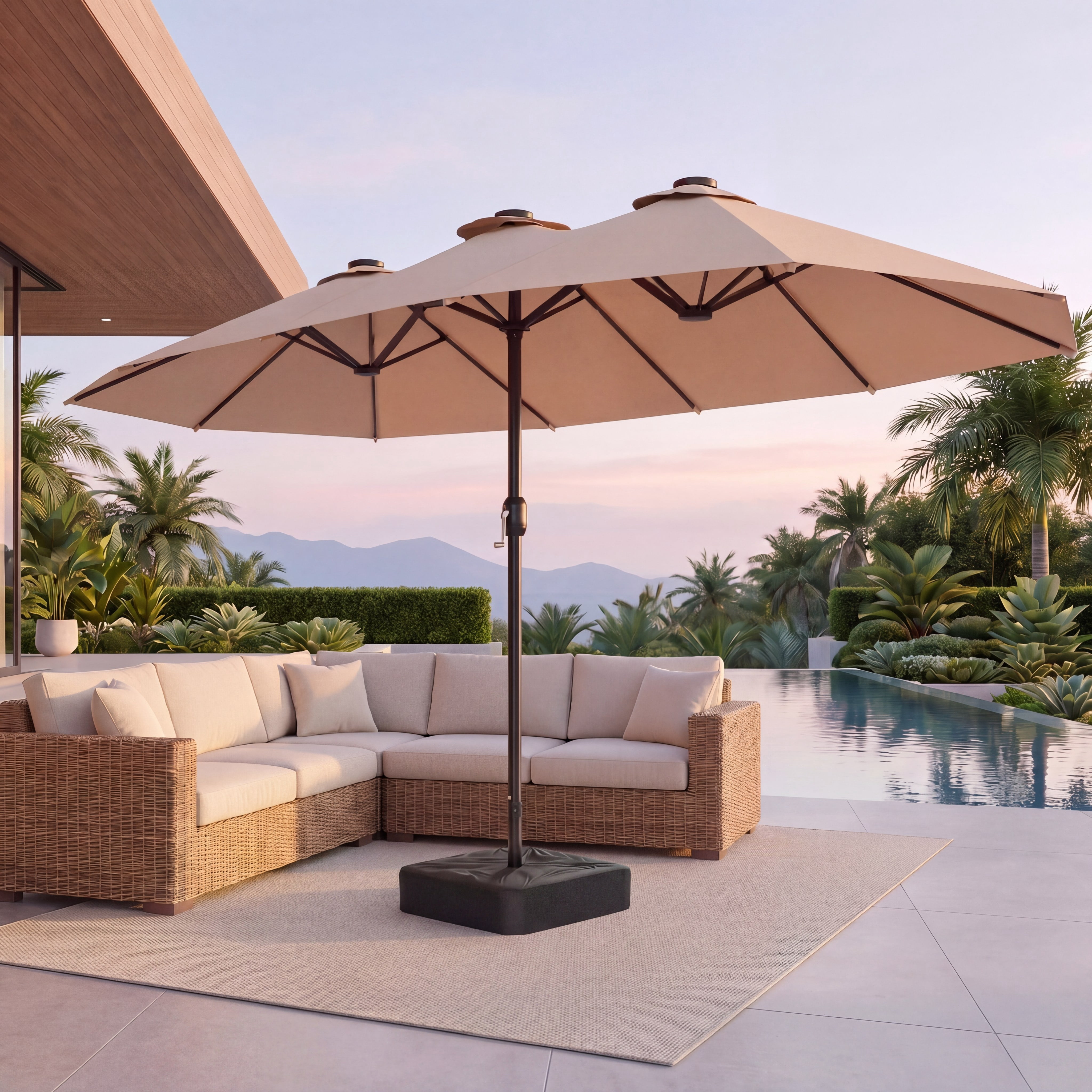 LAUSAINT HOME 13ft Double Sided Patio Umbrellas with Base & Crank Handle for Garden, Poolside, Beige