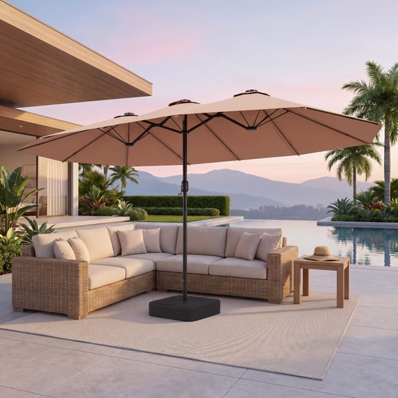 LAUSAINT HOME 15ft Double Sided Patio Umbrella with Base Included, Large Outdoor Umbrella for Garden, Poolside, Beige