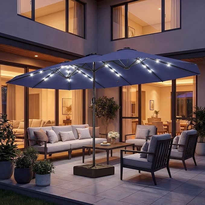 LAUSAINT HOME 15ft Double Sided Patio Umbrella with Base & Lights for Garden, Poolside, Navy Blue