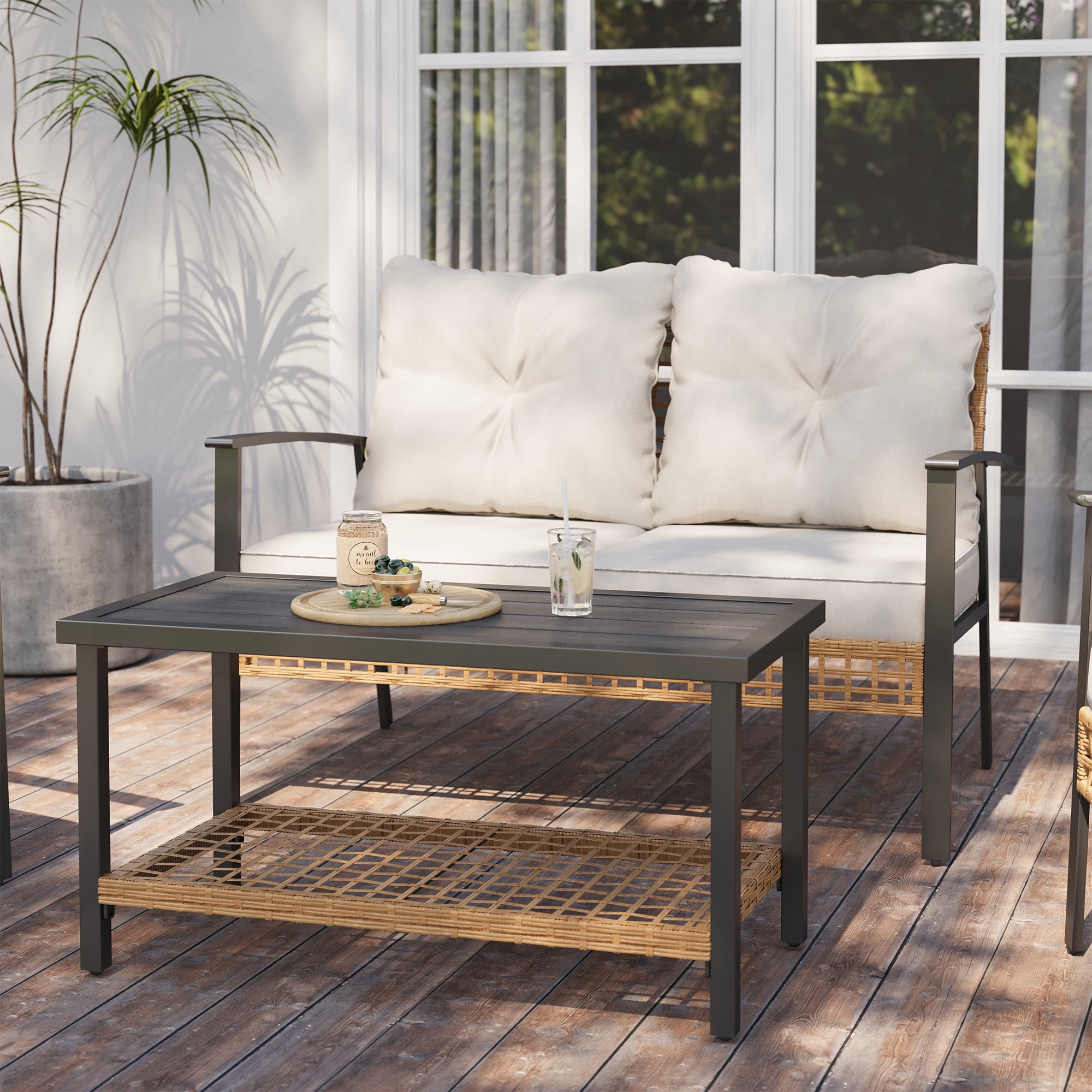 LAUSAINT HOME 2 Pieces Patio Conversation Set, 1 Loveseat and 1 Coffee Table with Beige Cushions