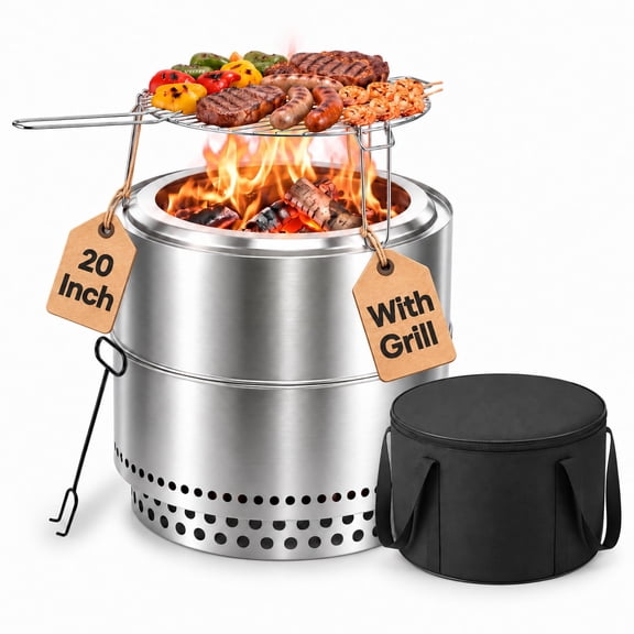 LAUSAINT HOME 20" Smokeless Fire Pit, 201 Stainless Steel Double-Wall 360° Airflow, Low-Smoke Design, Cooking Grate, Poker & Cover for Camping Patio Beach RV