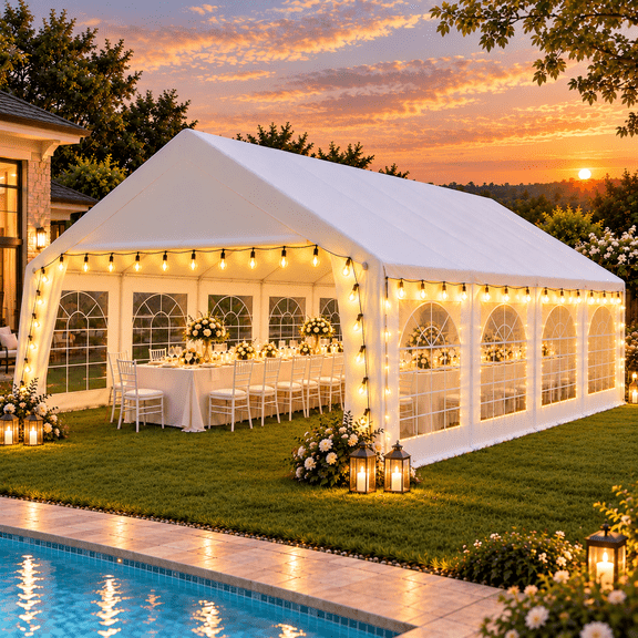 LAUSAINT HOME 20x40 Party Tent with 150ft Lights, Heavy Duty Waterproof Canopy with Removable Sidewalls & Roll-Up Door, Large White Event Shelter with Steel Frame for Wedding, Backyard, BBQ, Camping
