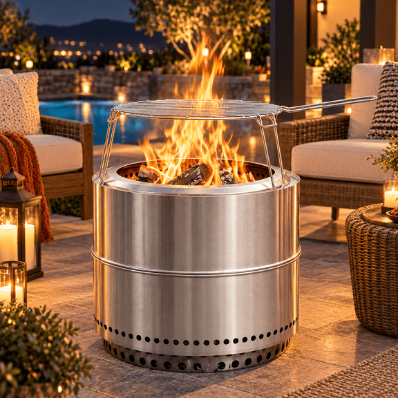 LAUSAINT HOME 21" Smokeless Fire Pit, 201 Stainless Steel Double-Wall 360 Airflow, Low-Smoke Design, Cooking Grate, Poker & Cover for Camping Patio Beach RV