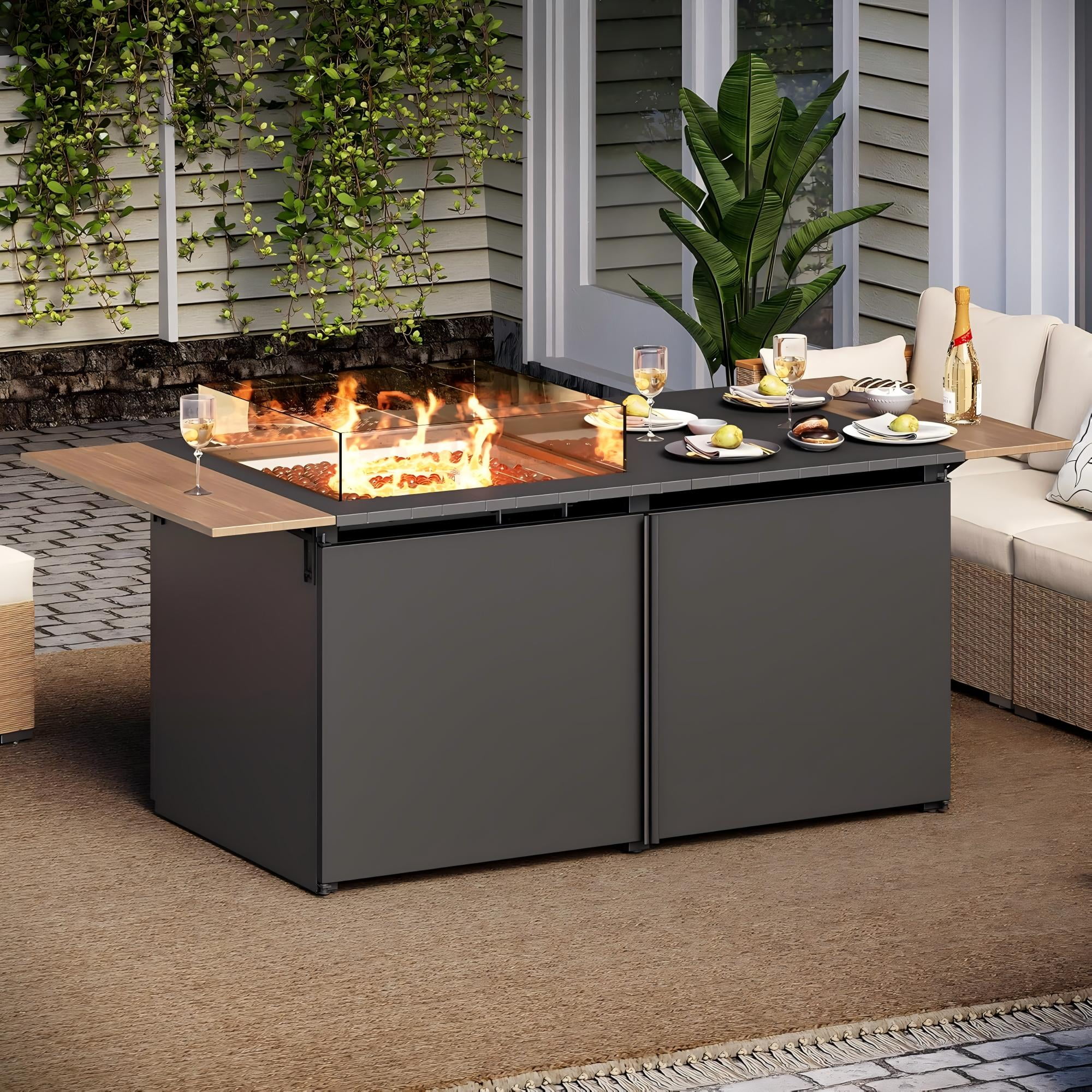LAUSAINT HOME 64" Outdoor Gas Fire Pit Table , 55,000 BTU Patio Propane Fire pit with Foldable Tabletop & Amber Glass Beads, Black